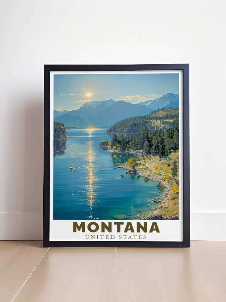 Montana Print beautifully illustrates the natural landscape of Flathead Lake, featuring its crystal clear waters and rugged mountain surroundings. This wall art is perfect for anyone who appreciates Montanas outdoor charm, offering a peaceful and inspiring addition to any room.