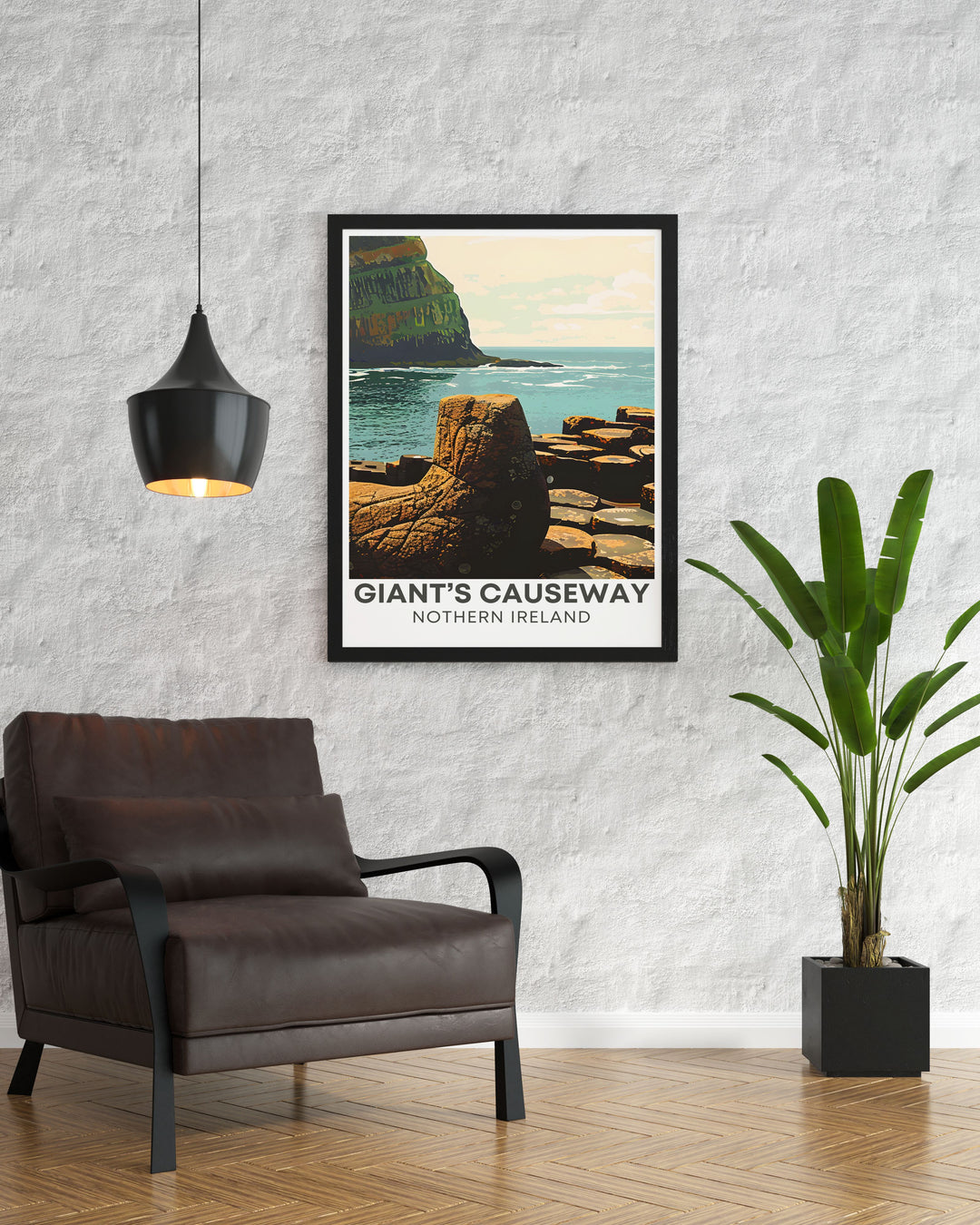 Custom print of Giants Causeway, showcasing the natural charm and geological significance of the basalt columns, with their unique hexagonal shapes and serene coastal backdrop, perfect for nature lovers.