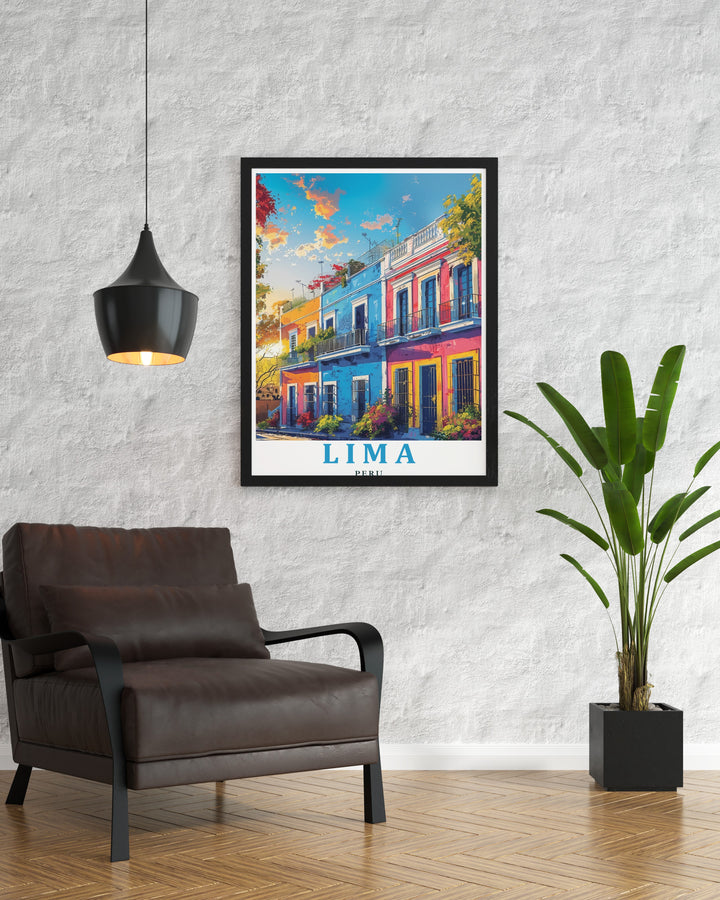 The charm of Lima and the artistic vibe of Barranco District come alive in this travel print. Ideal for those who love Peruvian culture and travel inspired art, this poster adds vibrant energy to any space.