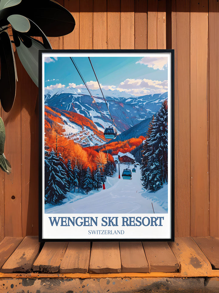 Captivating gallery wall art of Wengen Ski Resort, showcasing its stunning views and natural elegance. This piece is perfect for adding a touch of sophistication and alpine beauty to your home or office.