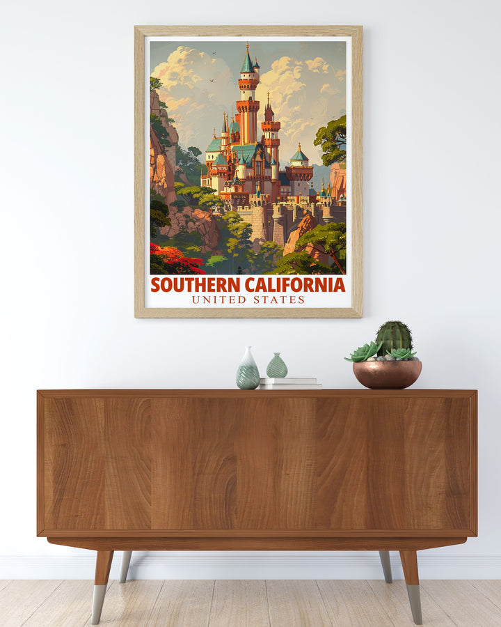 Celebrate the beauty of Disneylands Sleeping Beauty Castle with this Southern California travel poster. Its intricate design and vivid colors make it a standout piece for any room, capturing the magic of the iconic landmark.