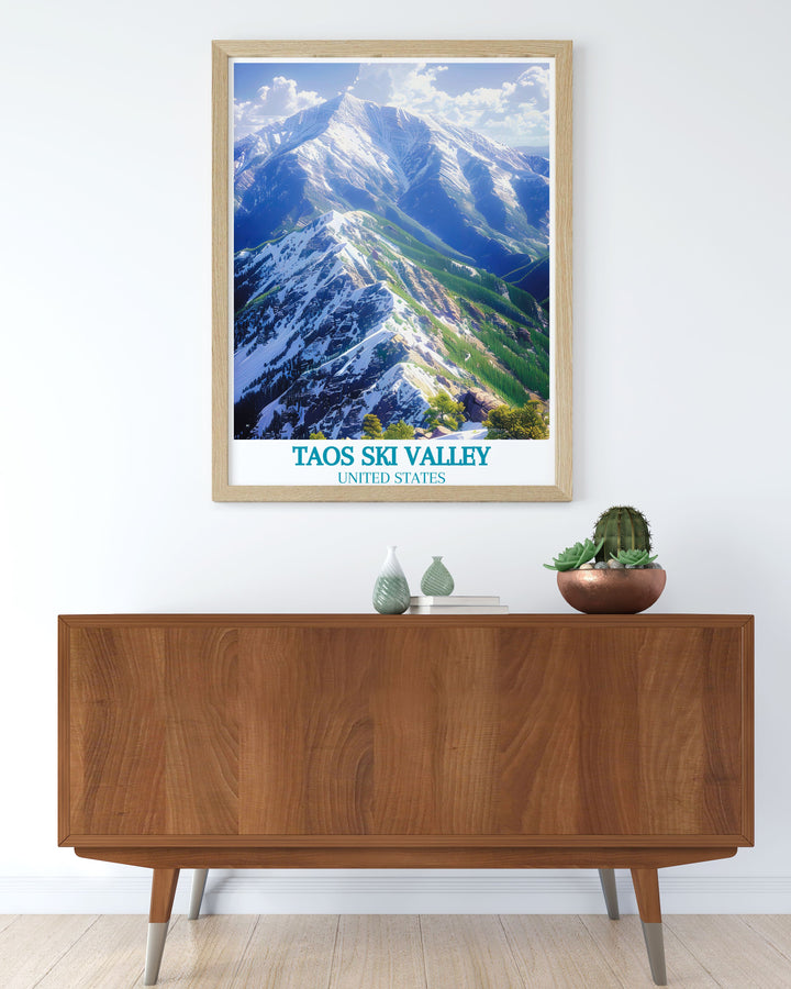 Embrace the winter wonderland of Taos with this travel poster, depicting the ski resorts breathtaking views and thrilling trails.