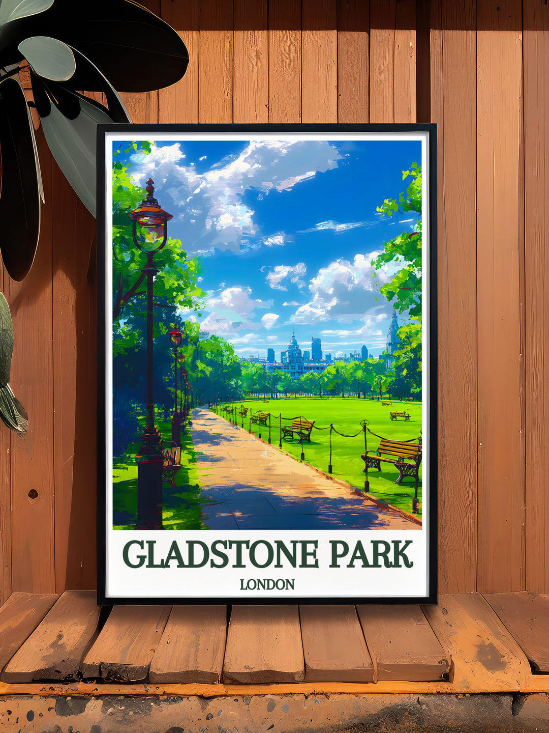 Framed art of Gladstone Park, emphasizing its lush landscapes and serene atmosphere, perfect for those who love the natural beauty and historical significance of London parks.