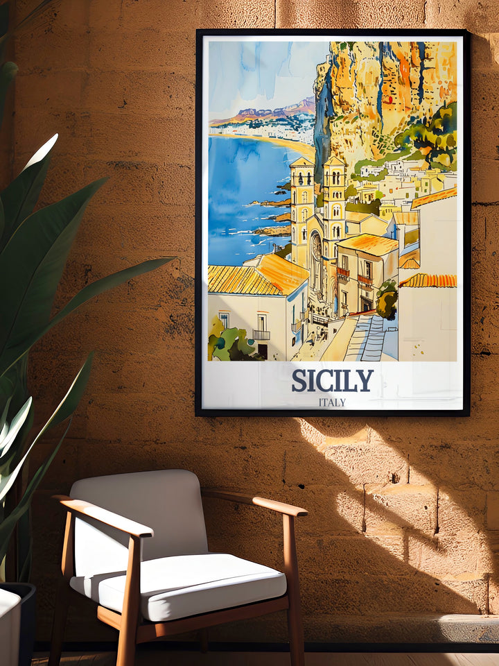 This detailed art print of Cefalù, Sicily, brings the Mediterranean atmosphere to your walls. With La Rocca dominating the background, the poster portrays the architectural and natural wonders of this famous Sicilian town, perfect for gifting or personal collection.