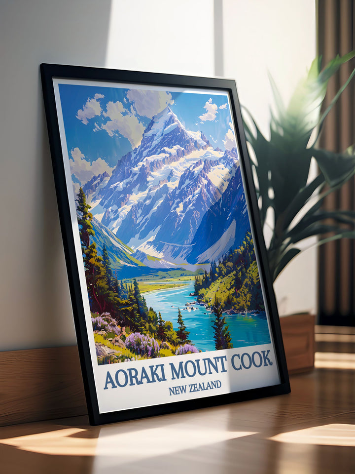New Zealand custom print featuring a panoramic view of Lake Pukakis tranquil waters and Mount Cook, ideal for enhancing any room with a touch of serene natural beauty.