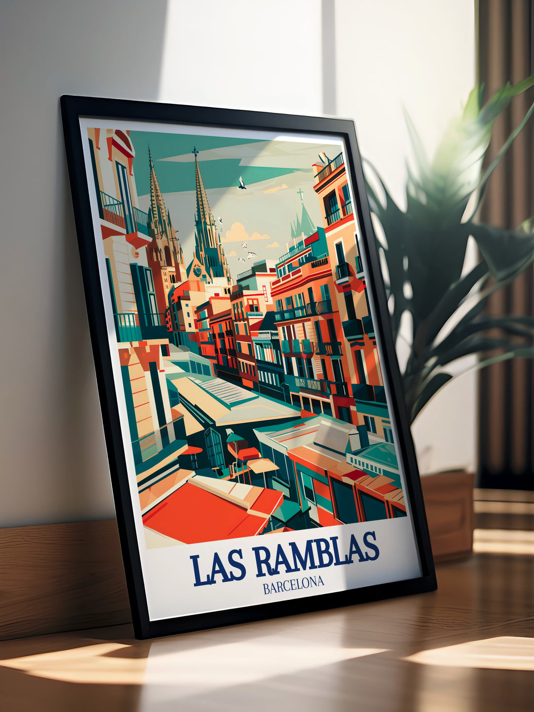 Las Ramblas travel poster featuring the vibrant colors and bustling energy of Barcelonas iconic street. This art print is perfect for adding a touch of Spains lively city life to your home decor, showcasing street performers, vendors, and the timeless charm of one of the citys most beloved locations.