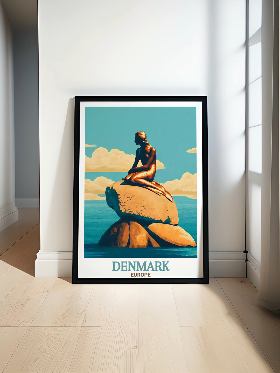 Beautiful wall art featuring Ruskin Park London in Camberwell with its iconic park bandstand paired with The Little Mermaid Statue in Copenhagen perfect for travel lovers and anyone looking to add a touch of European elegance to their home decor