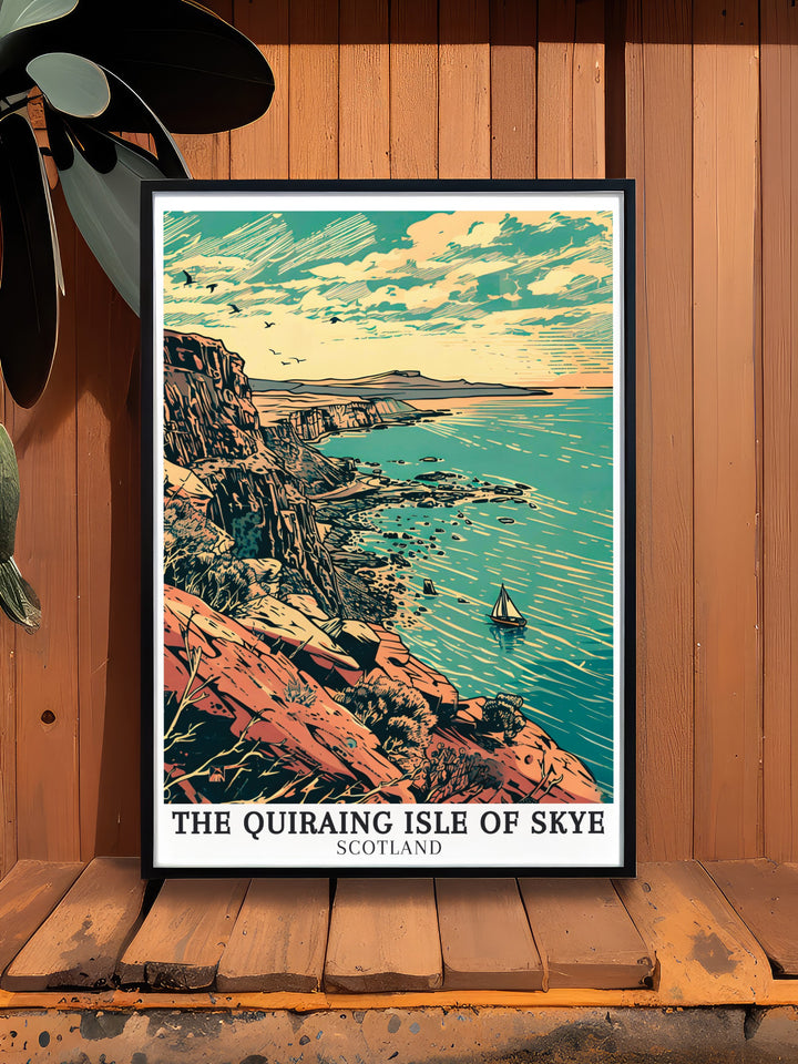 Modern art print of The Quiraing Isle of Skye depicting the expansive vistas of Trotternish Ridge and Staffin Bay designed to bring the natural beauty of Scottish landscapes into your home decor.