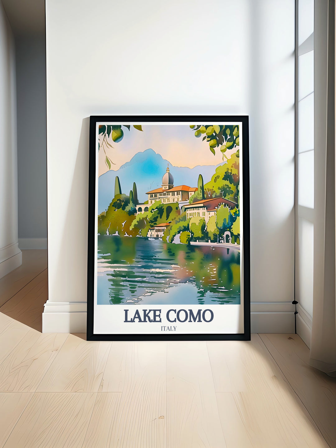 Lake Como Print featuring Villa del Balbianello and Rhaetian Alps perfect for adding Italian elegance to your home decor this artwork brings a peaceful and timeless beauty to any room with its depiction of the iconic villa and majestic mountain backdrop