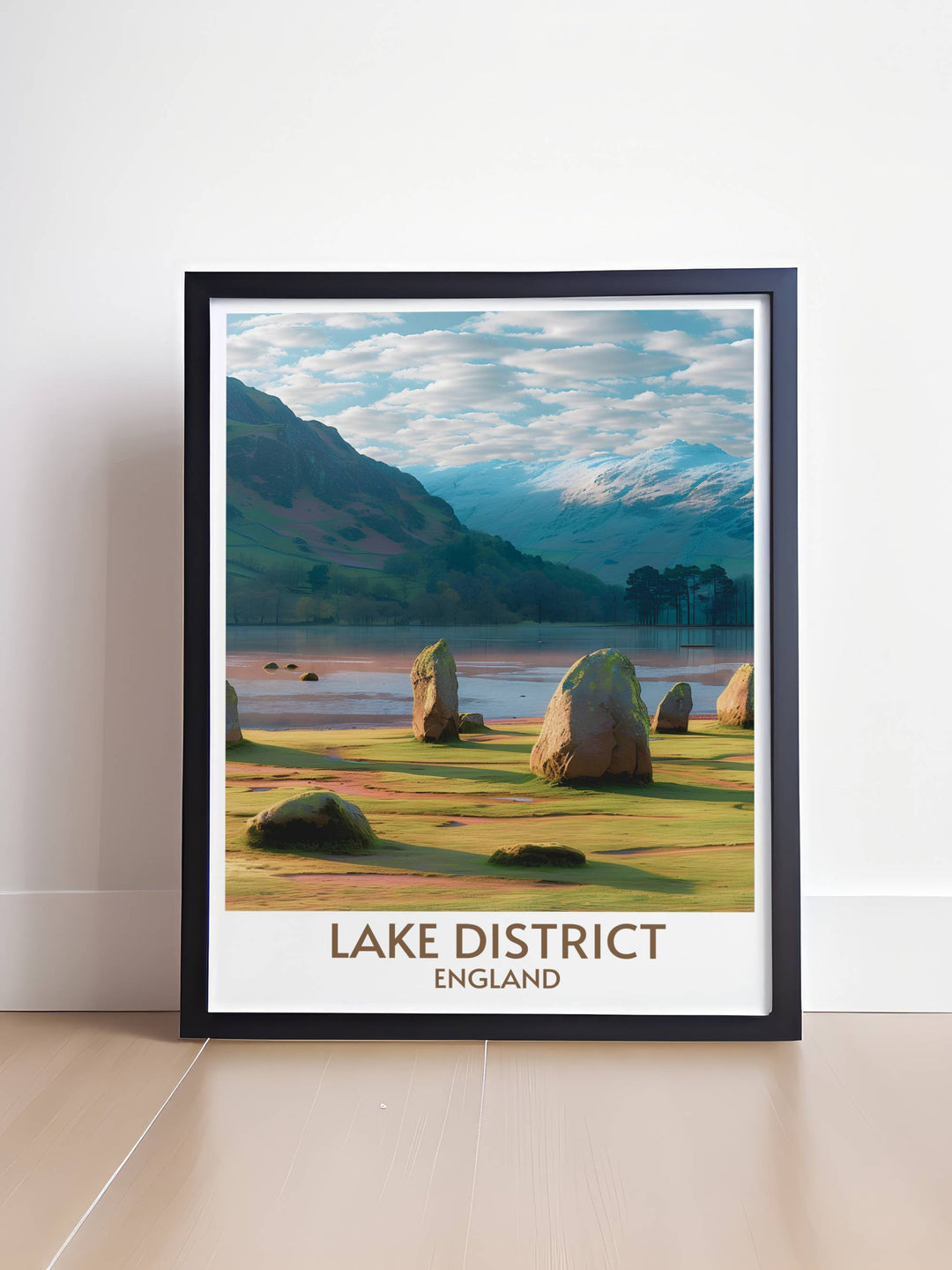 Stunning Lake District poster featuring the iconic Castlerigg Stone Circle. This beautifully detailed artwork highlights the natural beauty and historical significance of one of North West Englands most famous landmarks, ideal for travel art enthusiasts.