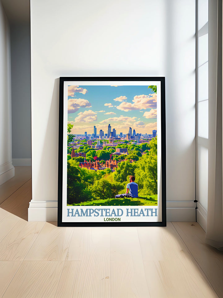 A stunning travel print of Hampstead Heaths Parliament Hill, bringing the beauty of Londons skyline and parkland into your home. A perfect gift for lovers of the outdoors and Londons green spaces.