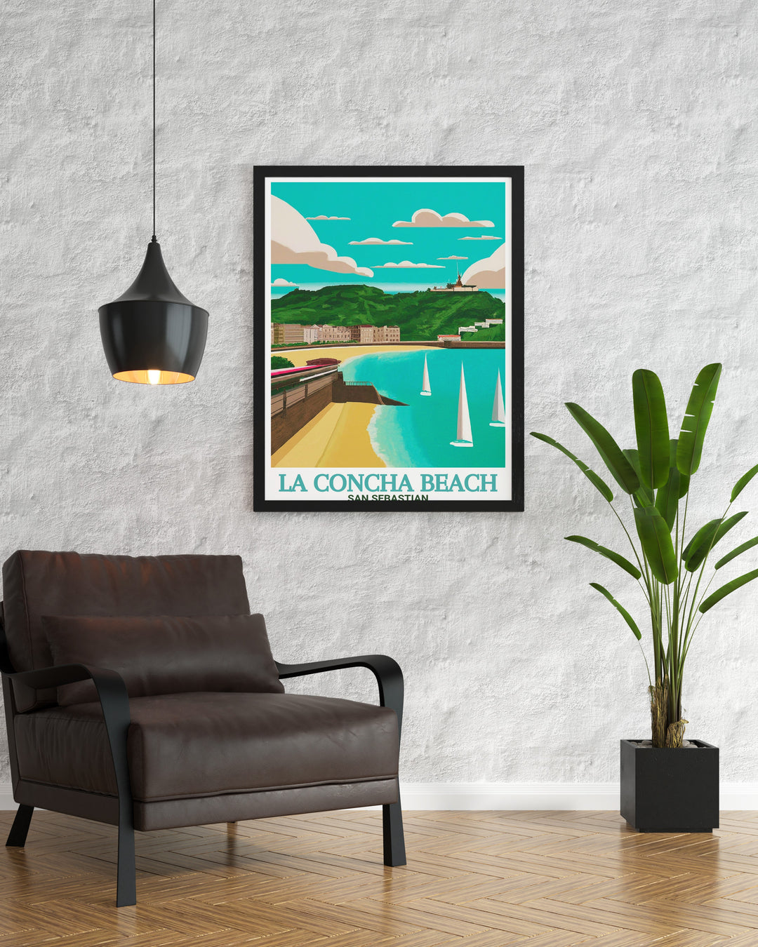 Spain travel poster depicting the beauty of La Concha Beach and the breathtaking scenery from Monte Igueldo. This art print is perfect for anyone who loves Spain, coastal views, or European landscapes.