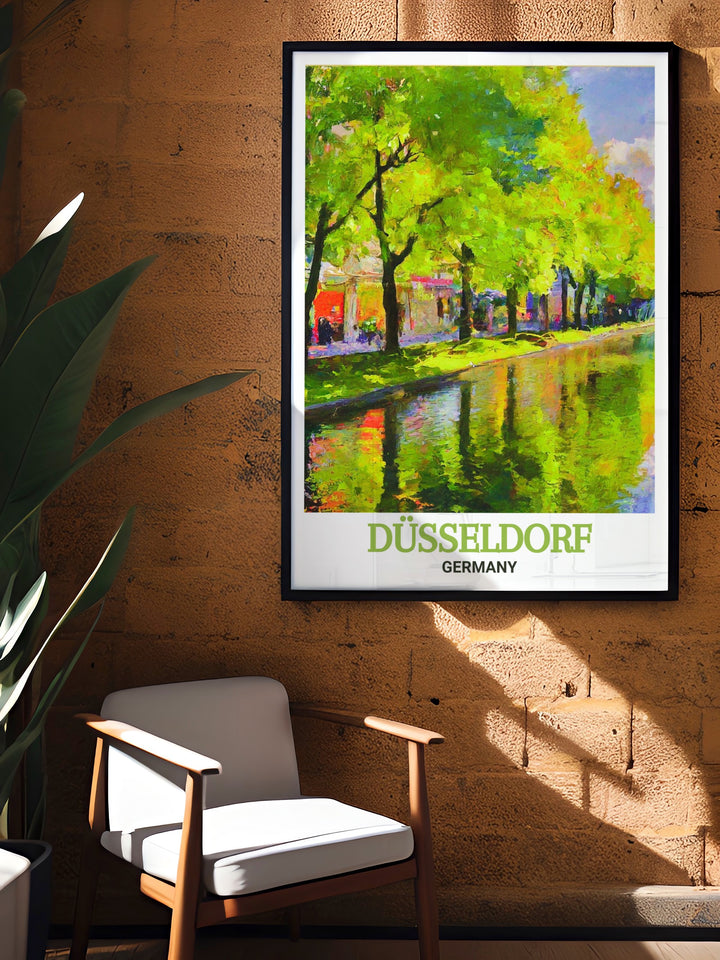 Königsallee, Düsseldorfs famous boulevard, comes to life in this travel poster. Featuring intricate details and a dynamic city map, this art print is ideal for decorating spaces that reflect a love for travel and European culture.