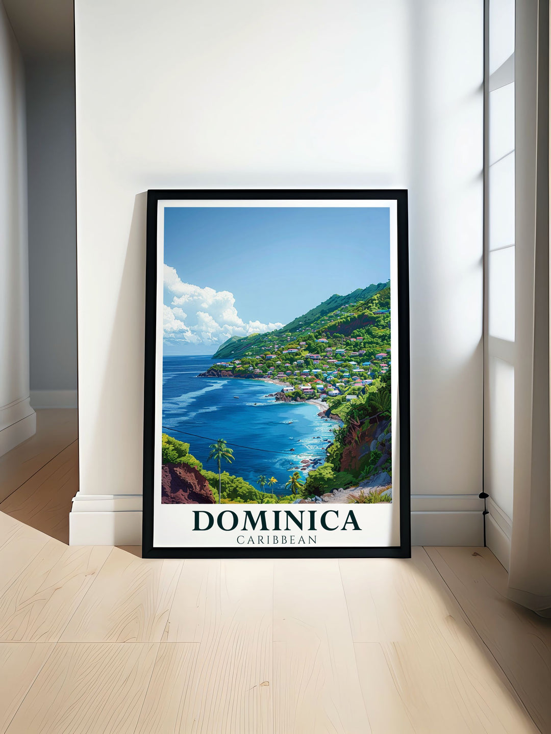 Scotts Head Travel Poster showcasing the serene beauty of the Dominican Republic with stunning coastal views and lush greenery perfect for home decor and gifts ideal for those who love tropical landscapes and vibrant colors in wall art