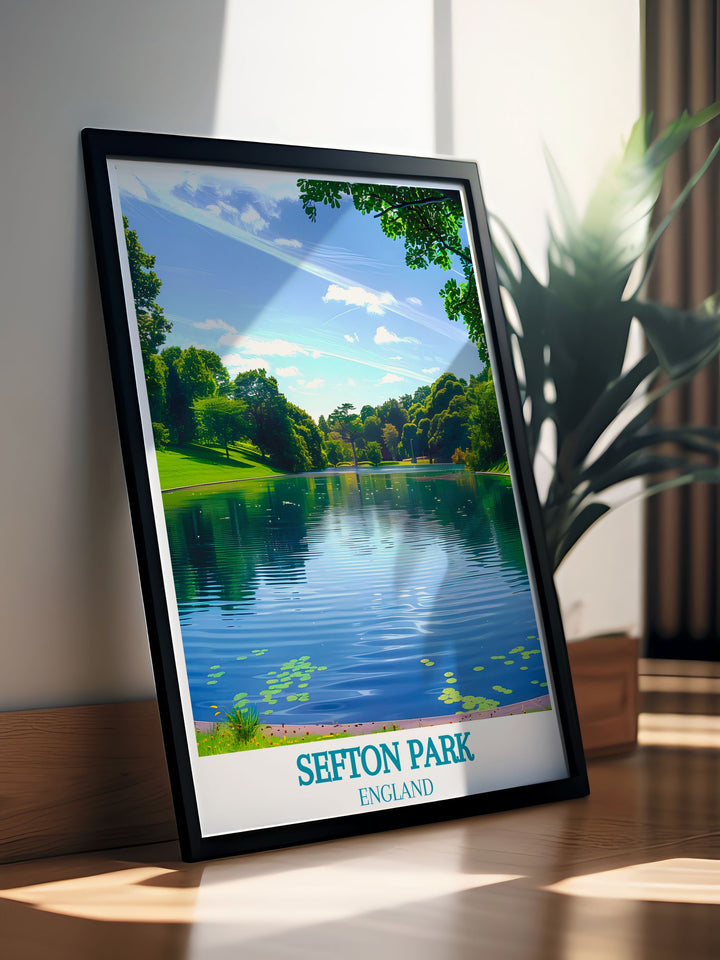 Liverpool poster highlighting the Liver Building alongside a picturesque Sefton Park Lake scene. This wall art is perfect for bringing the vibrant energy of Liverpool and the peacefulness of Sefton Park Lake into your home.