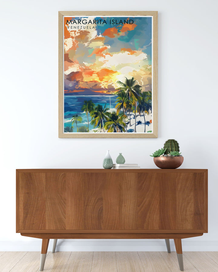 A beautifully detailed travel poster featuring Angel Falls and the Margarita Islands, this print is a must have for lovers of nature and tropical landscapes. The artwork captures Venezuelas diverse scenery in stunning detail.