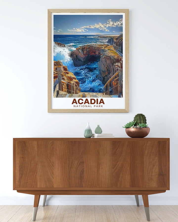 Thunder Hole wall art from Acadia National Park designed in a retro style perfect for enhancing home decor. The powerful ocean scene is ideal for nature lovers and makes a stunning focal point in any living room or office.