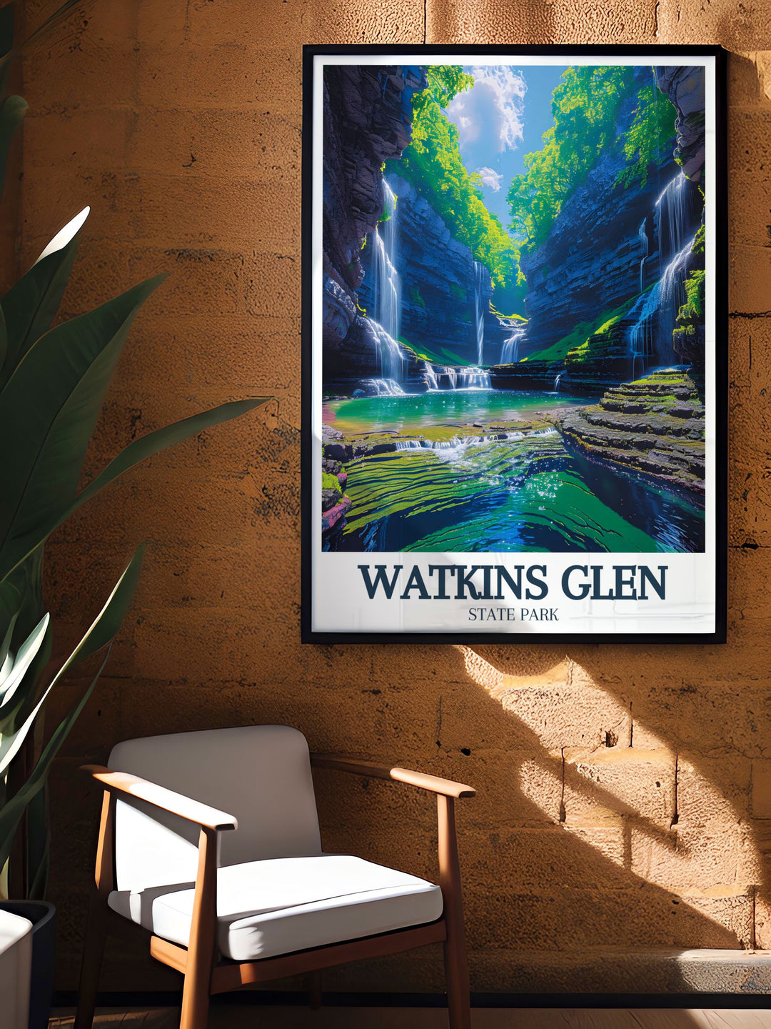 This detailed print of Watkins Glen State Park captures the natural beauty of one of New Yorks most beloved parks. Featuring its iconic waterfalls and lush greenery, this artwork brings a piece of the states natural splendor into your home, offering a peaceful escape and a touch of geological wonder to any decor.