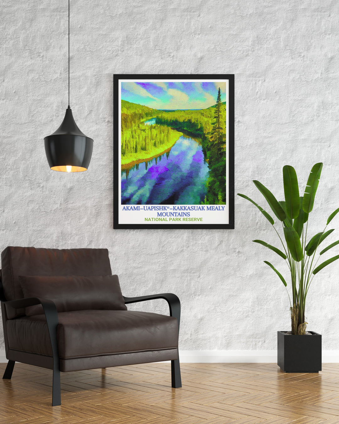 Experience the wild beauty of Akami−Uapishkᵘ KakKasuak National Park Reserve with this custom travel poster. The artwork showcases the untouched landscape of the Mealy Mountains and Eagle River, making it the perfect gift for adventurers and nature enthusiasts.