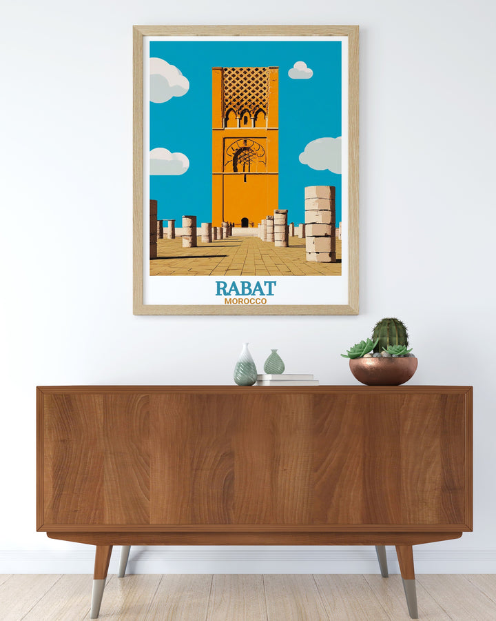 Elegant Rabat Travel Poster featuring Hassan Tower perfect for those who want to decorate their space with sophisticated and meaningful art a beautiful piece for any room in your home or office capturing the beauty of Moroccos capital city