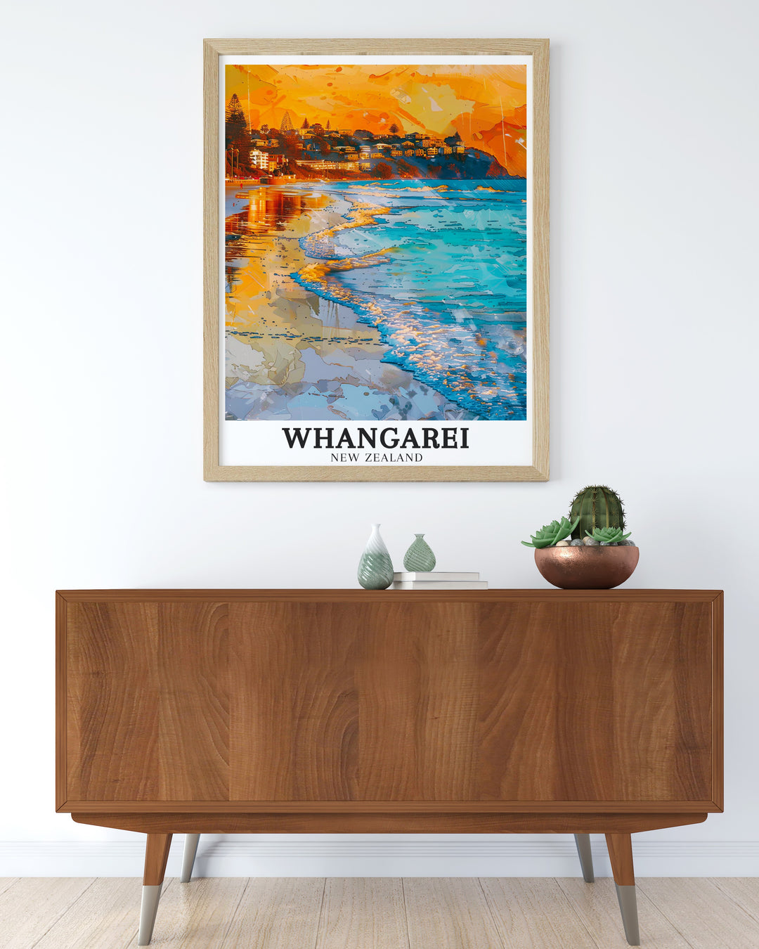 Whangarei Falls Travel Poster featuring a captivating depiction of the 26 meter waterfall and the surrounding lush greenery. This New Zealand wall art brings the beauty of Whangarei Falls into your home, making it a perfect gift for nature enthusiasts and travelers.