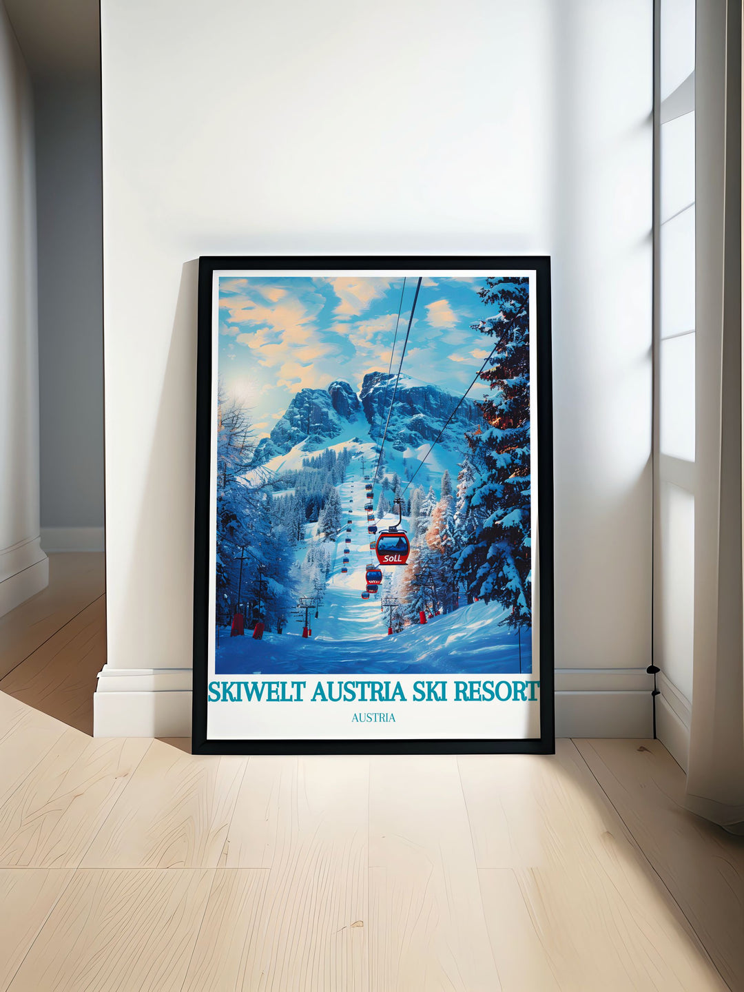 Enhance your space with the SkiWelt Austria Ski Resort Travel Print showcasing the scenic beauty of Soll. This vintage ski poster is ideal for those seeking stylish wall art that reflects the timeless charm of the Austrian Alps and the allure of winter sports.