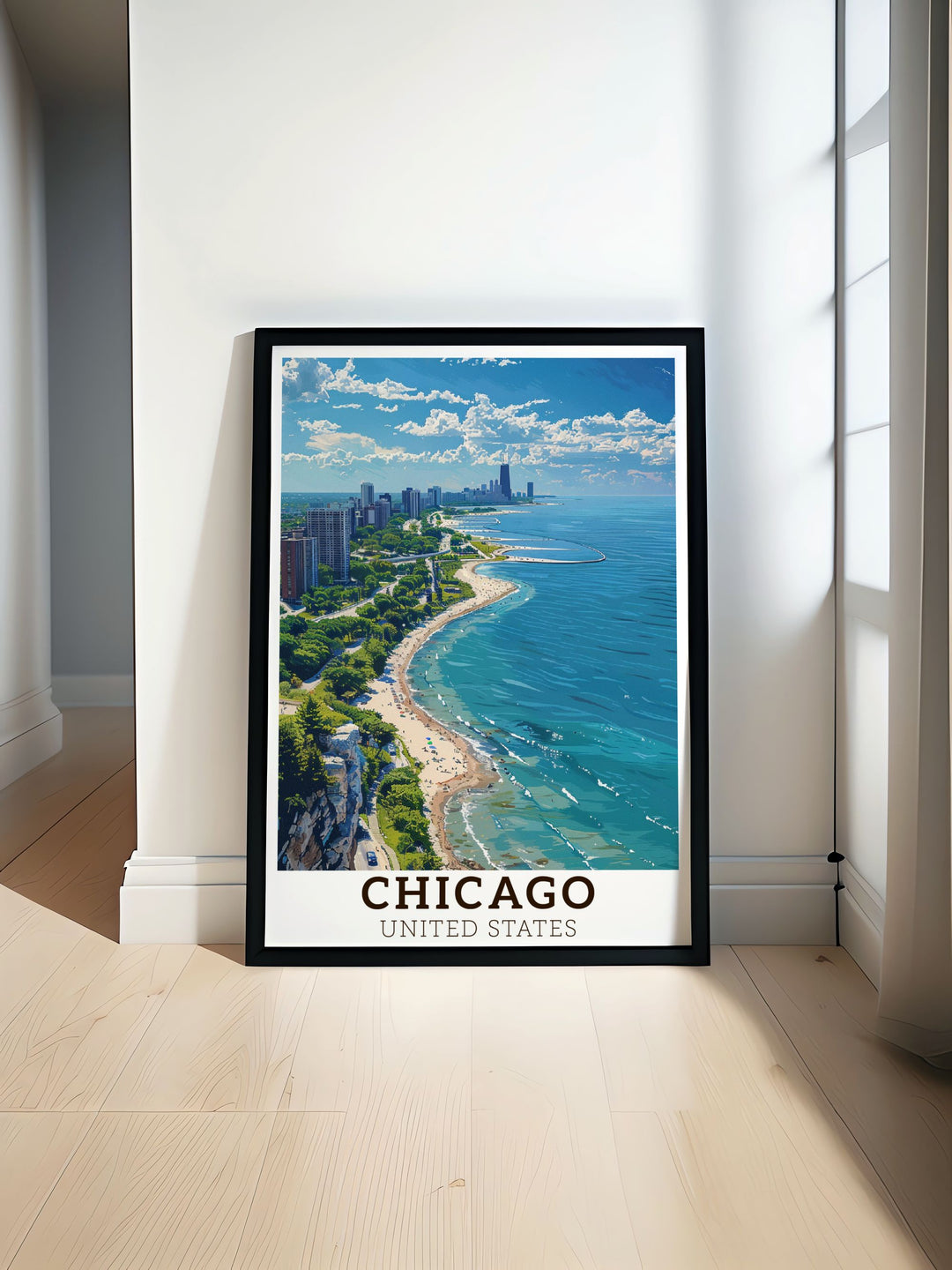 A vibrant Chicago skyline poster featuring Lake Michigan in the background ideal for adding a touch of city charm to your home decor and making a unique Chicago gift with detailed city map and vintage style.