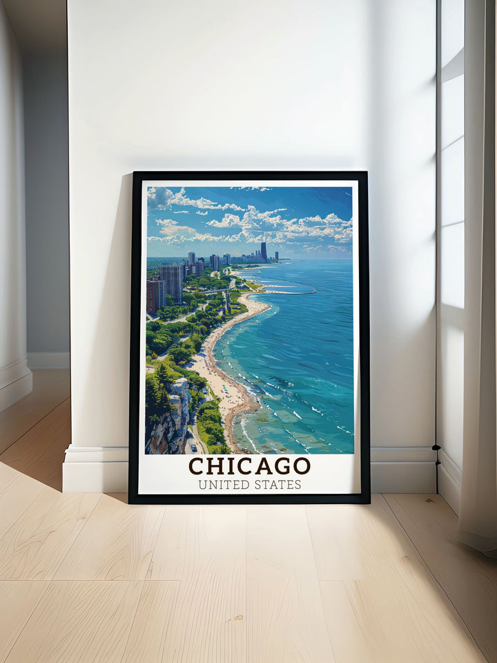 A vibrant Chicago skyline poster featuring Lake Michigan in the background ideal for adding a touch of city charm to your home decor and making a unique Chicago gift with detailed city map and vintage style.