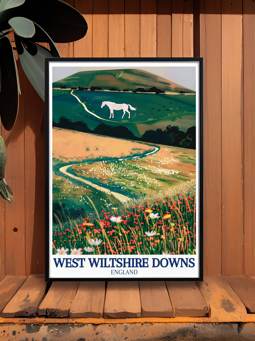 Vintage travel print of Westbury Hill and the Westbury white horse capturing the timeless charm of this ancient landmark perfect for enhancing your living space with a touch of history