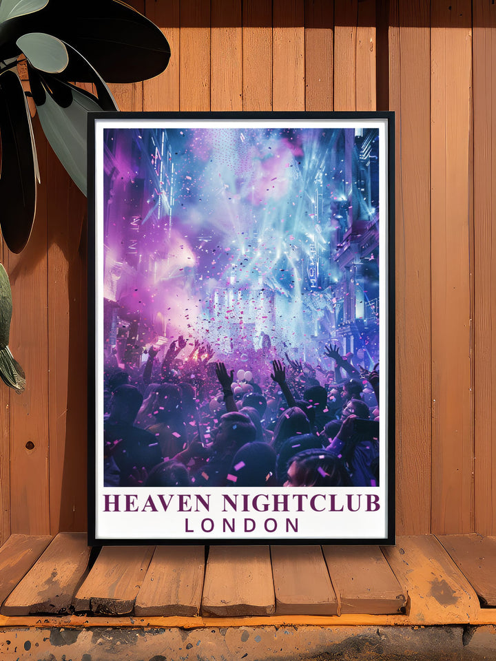 Featuring the lively crowds and historic theme nights of Heaven Nightclub, this travel poster brings the cultural richness of London into your home.