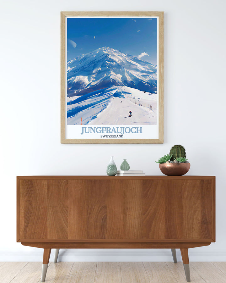 Capturing the serene and majestic beauty of Jungfraujoch, this travel poster highlights the panoramic views and the impressive alpine scenery, making it a standout piece for any room.