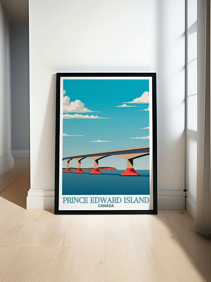A stunning view of Confederation Bridge stretching across the water at sunset perfect for modern art prints that bring elegance and sophistication to any room ideal for those who appreciate beautiful landscapes and architectural marvels in their home decor.