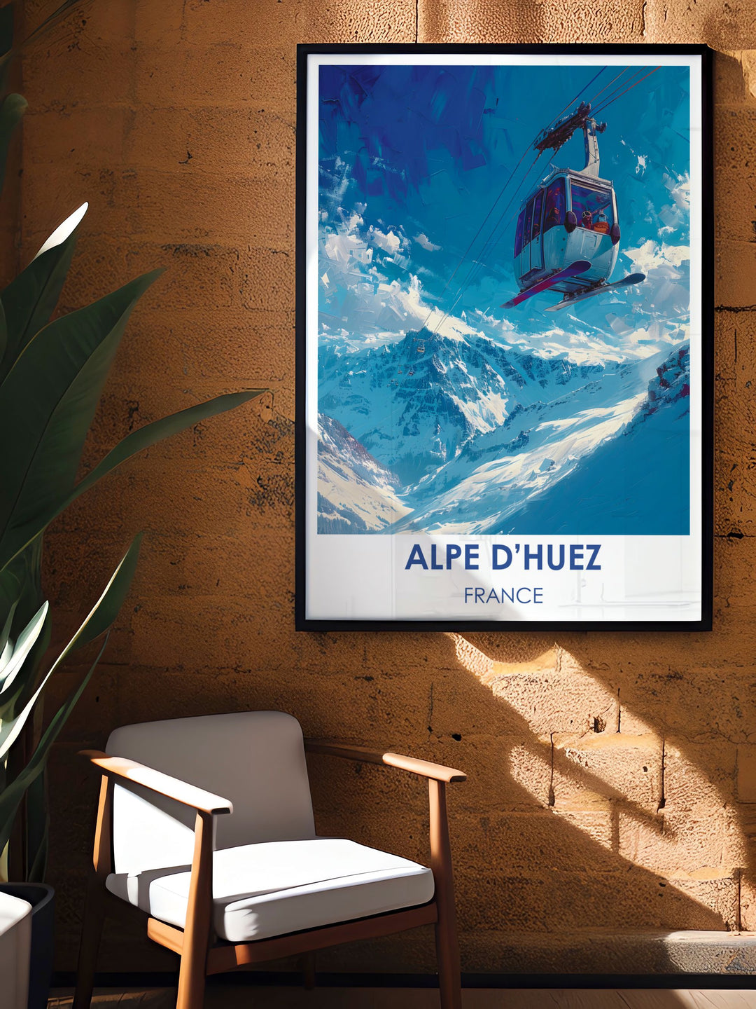 Detailed print of a winter scene in Alpe dHuez, capturing the tranquil beauty of snow covered slopes and ski action.