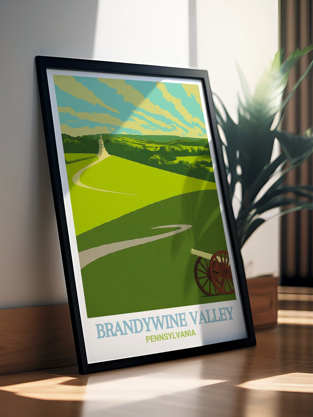 This travel poster features Brandywine Battlefield Park, a site of great historical importance, alongside the picturesque Brandywine Valley, making it a captivating addition to any home decor that celebrates Pennsylvanias unique blend of history and natural beauty.