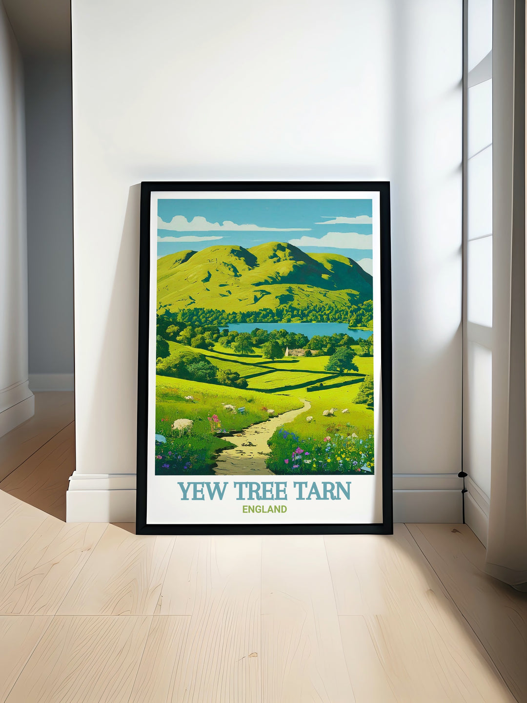 Yew Tree Tarn travel print, capturing the timeless beauty and calmness of this Lake District gem with Loughrigg Fell towering in the distance. This poster is designed to bring a sense of peace and natural splendor to your home decor.