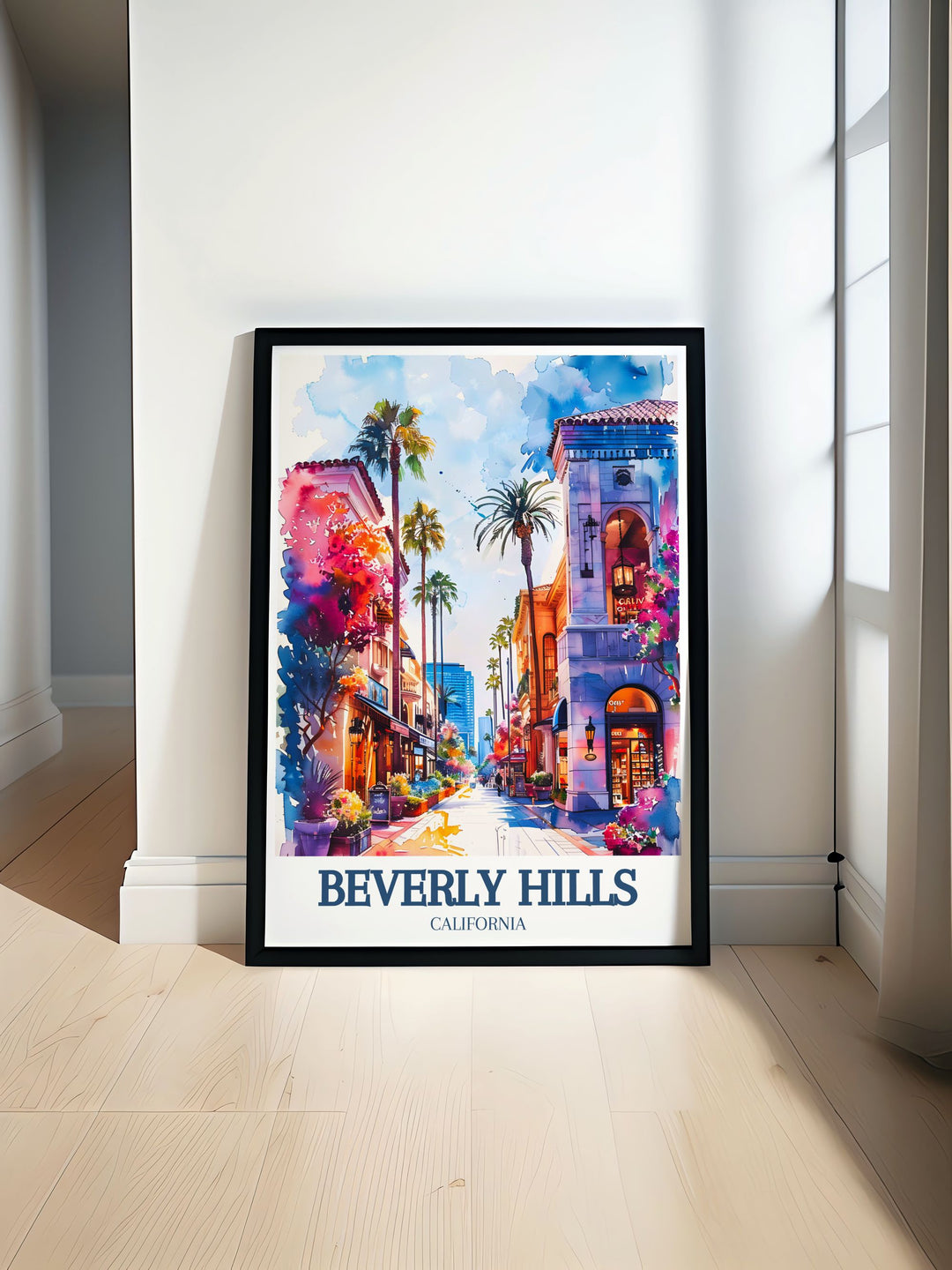 Stunning Beverly Hills poster featuring the iconic Rodeo Drive and the elegant Three Rodeo Drive, capturing the essence of luxury and charm. Perfect for adding a touch of sophistication to your home decor.