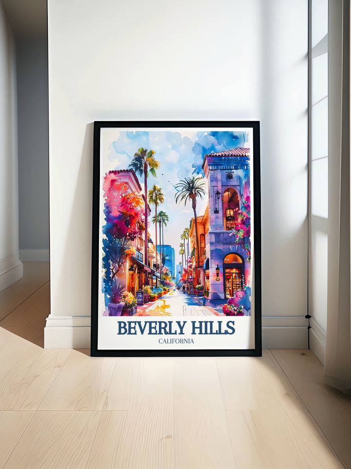 Stunning Beverly Hills poster featuring the iconic Rodeo Drive and the elegant Three Rodeo Drive, capturing the essence of luxury and charm. Perfect for adding a touch of sophistication to your home decor.