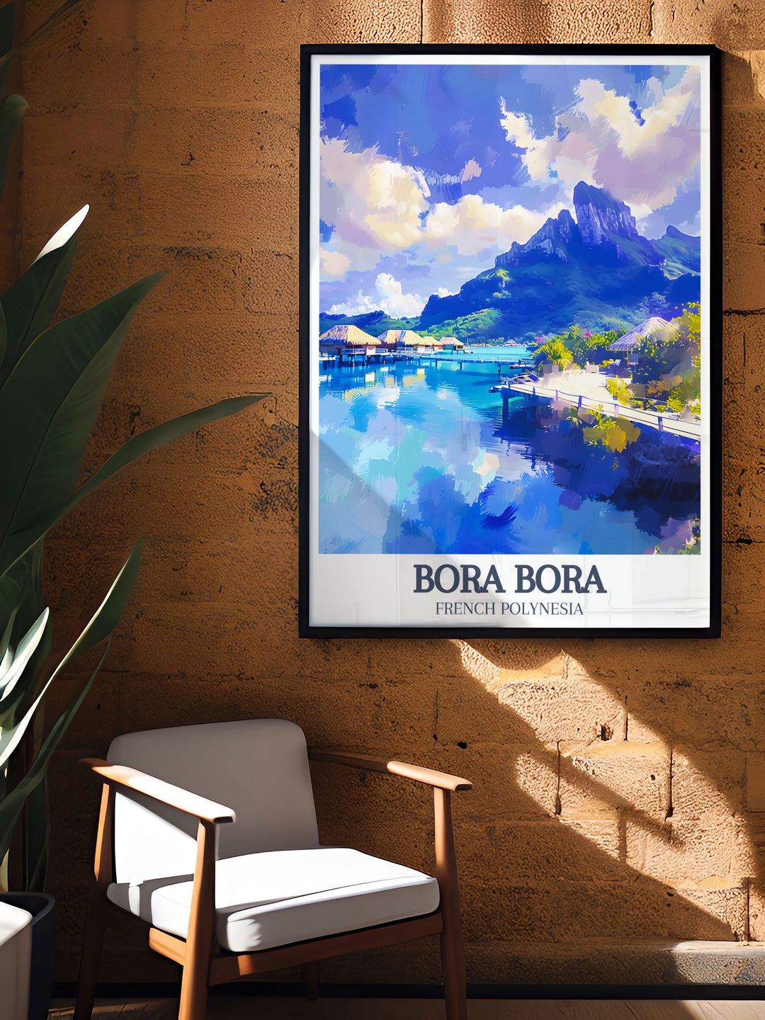 Travel poster of Mount Otemanu Matira Beach capturing the essence of French Polynesia with its majestic mountain and pristine beach this artwork is ideal for art and collectibles enthusiasts seeking a unique and inspiring piece for their home decor.