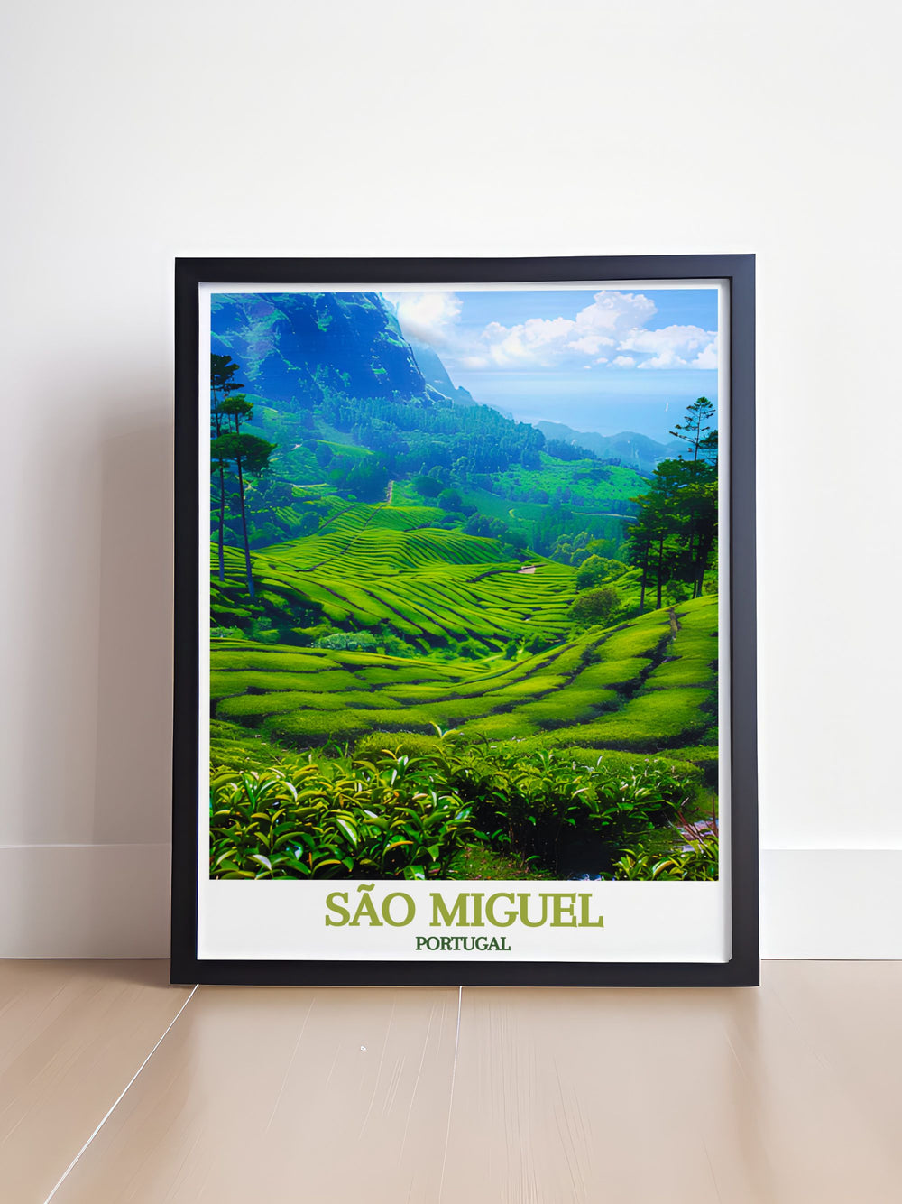 This Portugal wall art print beautifully depicts São Miguels tea plantations, capturing the essence of Europes only tea fields and their lush landscapes, perfect for any decor.