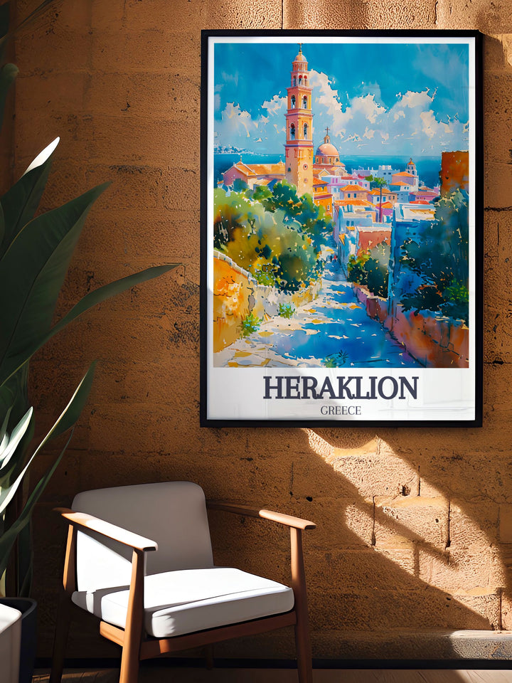 Framed art print of Agios Minas Cathedral, Heraklion, Crete, Greece, capturing the elegance of Byzantine architecture. The artwork showcases the grand dome, detailed interior, and lively cityscape, making it a striking addition to any art collection.