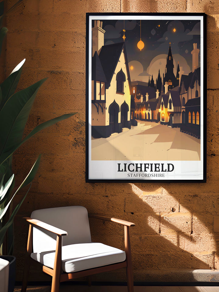 Celebrate the historic beauty of Lichfield with this travel poster, featuring the town centre and the iconic Lichfield Cathedral. The detailed artwork captures the essence of this Staffordshire gem, making it a great addition to any travel or art collection.