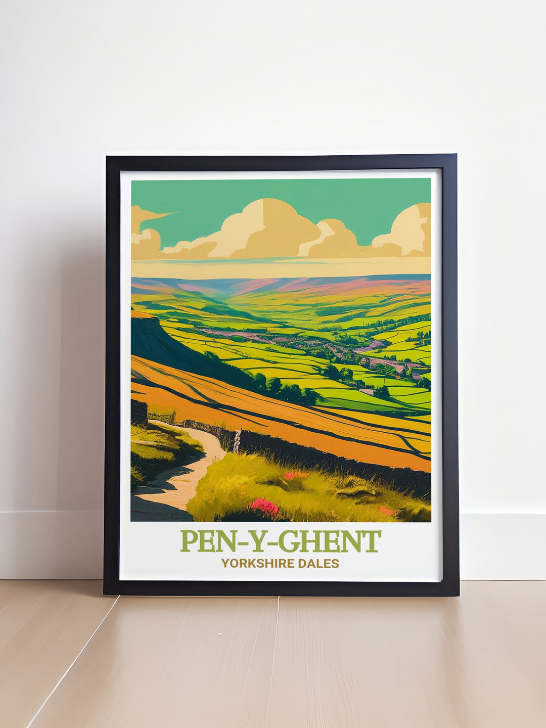 Pen Y Ghent wall art capturing the striking silhouette and rugged terrain of Pen Y Ghent in the Yorkshire Dales. This travel print brings the adventurous spirit of the Yorkshire Three Peaks into your home, perfect for nature enthusiasts and hikers.