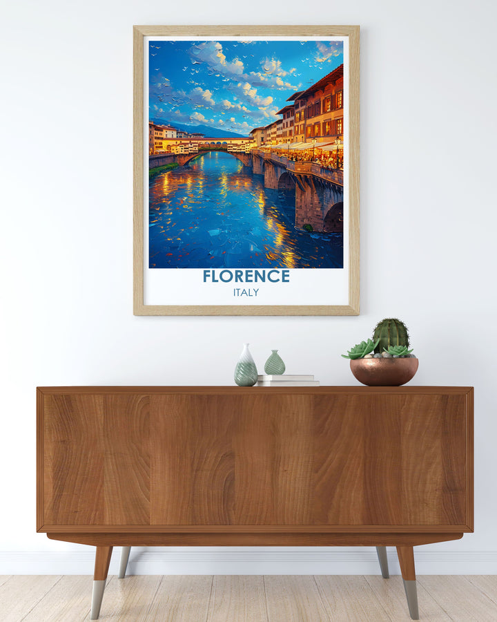 Beautiful depiction of Florences Ponte Vecchio, highlighting its medieval architecture and bustling atmosphere.