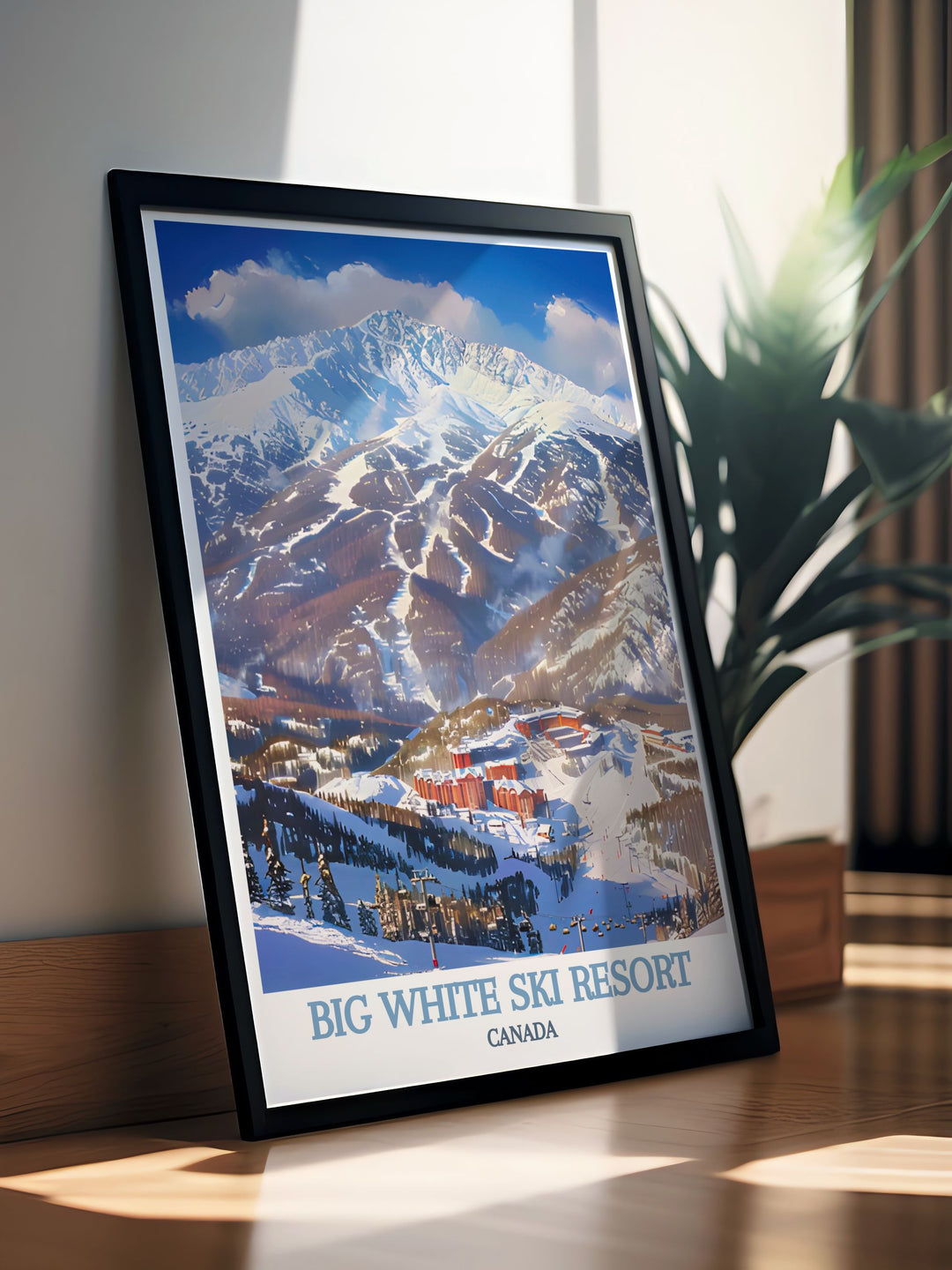 Vintage travel poster of Big White Ski Resort, evoking the classic charm and adventure of winter sports in Canada, with bold colors and dynamic compositions that add a touch of retro style to any decor.
