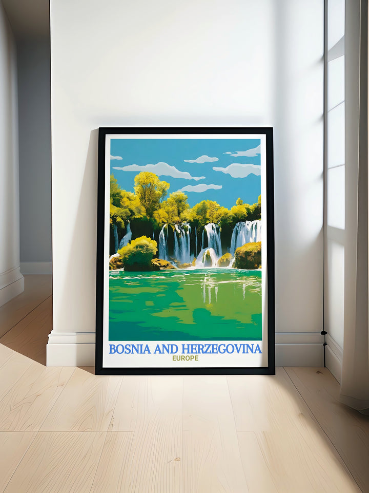 Kravica Waterfalls poster print celebrates the breathtaking beauty of Bosnia and Herzegovinas most famous waterfall, capturing the vibrant colors and peaceful flow of water. This travel print makes a wonderful addition to any art collection or home decor.