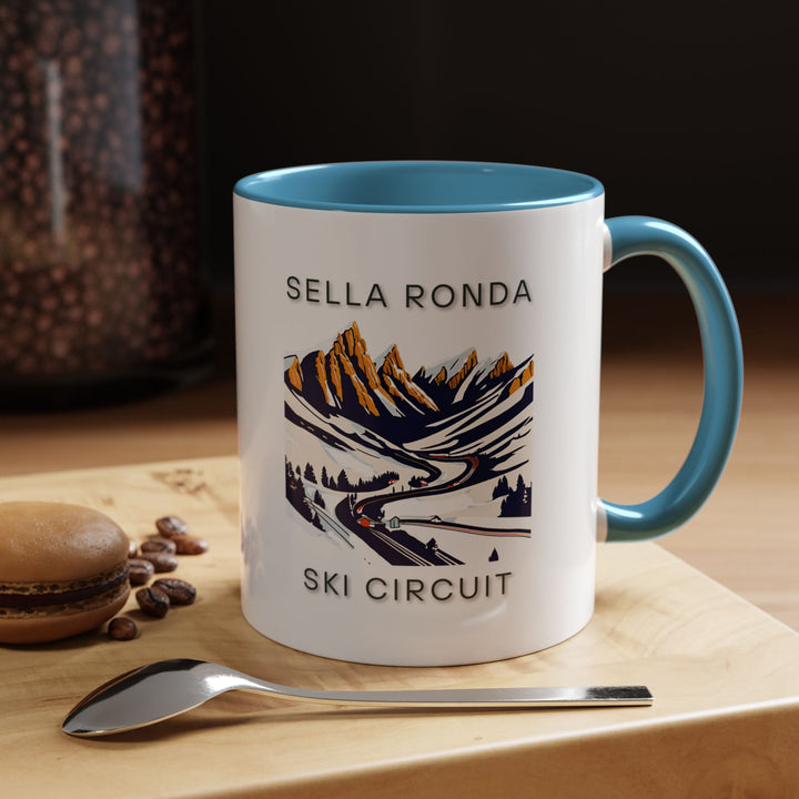 Experience the allure of the Italian Alps with this elegant Sella Ronda mug. Showcasing detailed illustrations of the Sella Rondas iconic ski routes and mountain vistas, it is made from durable ceramic, dishwasher and microwave safe, ideal for daily use or as a thoughtful gift.