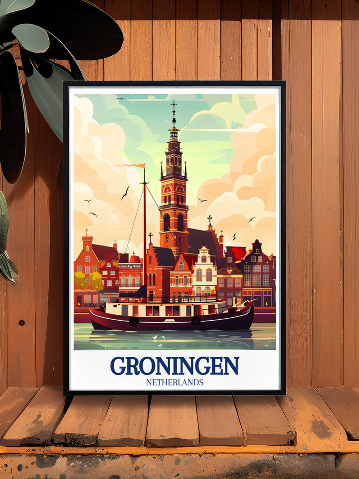 Groningen canal wall art showcasing the picturesque view of Groningens historic canal and the Aa Church. This print captures the tranquility and architectural beauty of one of the Netherlands most charming cities, making it a perfect addition to any decor.