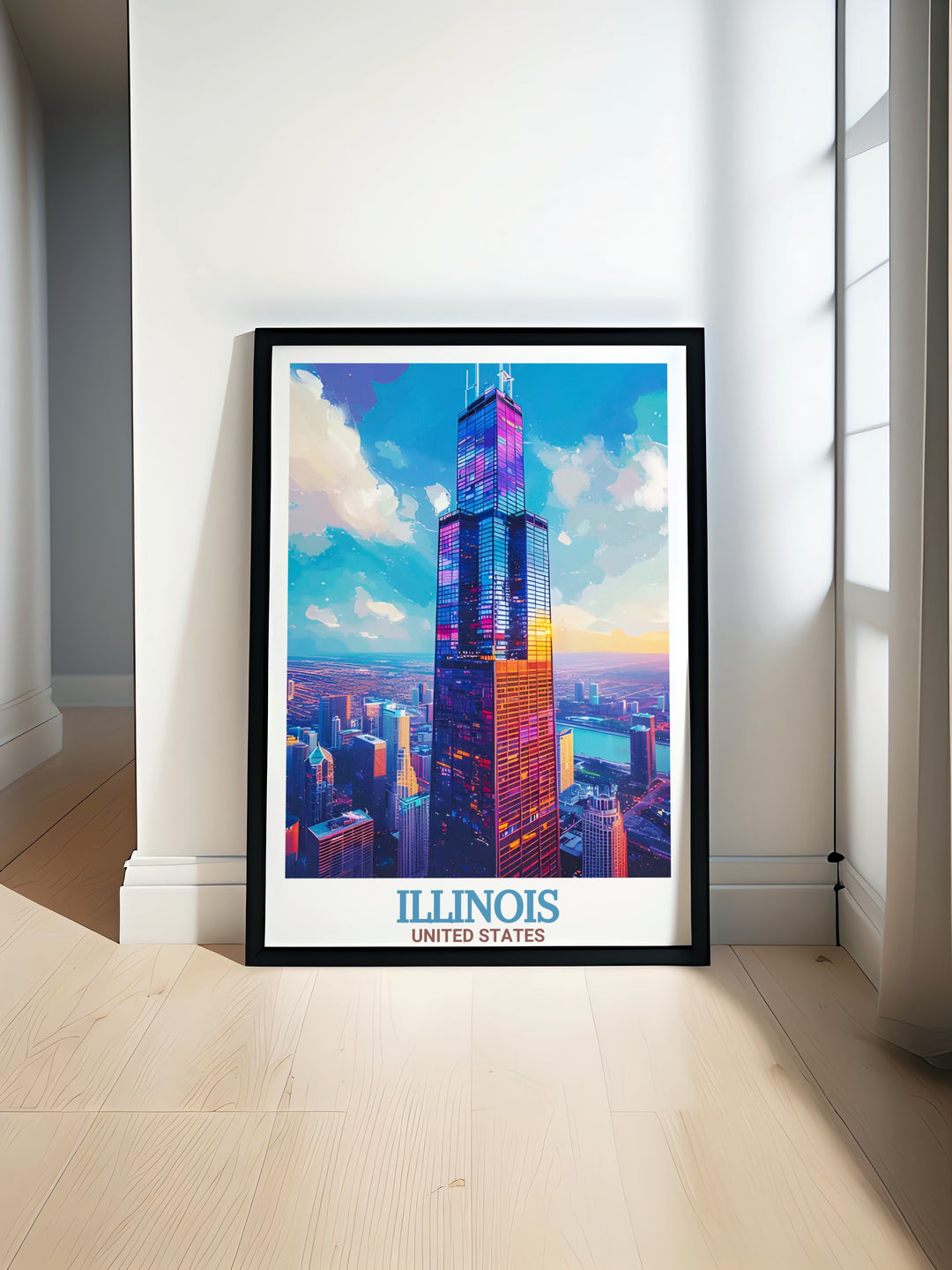 Willis Tower and the Chicago skyline come to life in this unique travel print. Whether youre decorating your home or looking for the perfect personalized gift, this Chicago wall art offers a timeless tribute to one of the worlds greatest cities.