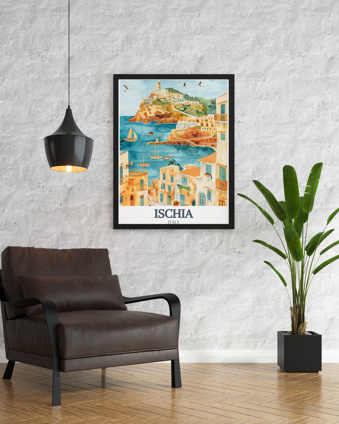 This Ischia travel print beautifully illustrates the historic Ischia Ponte and the serene SantAngelo. Whether for personal enjoyment or as a gift for someone special, this art print brings the charm of Italys island landscapes into your home.