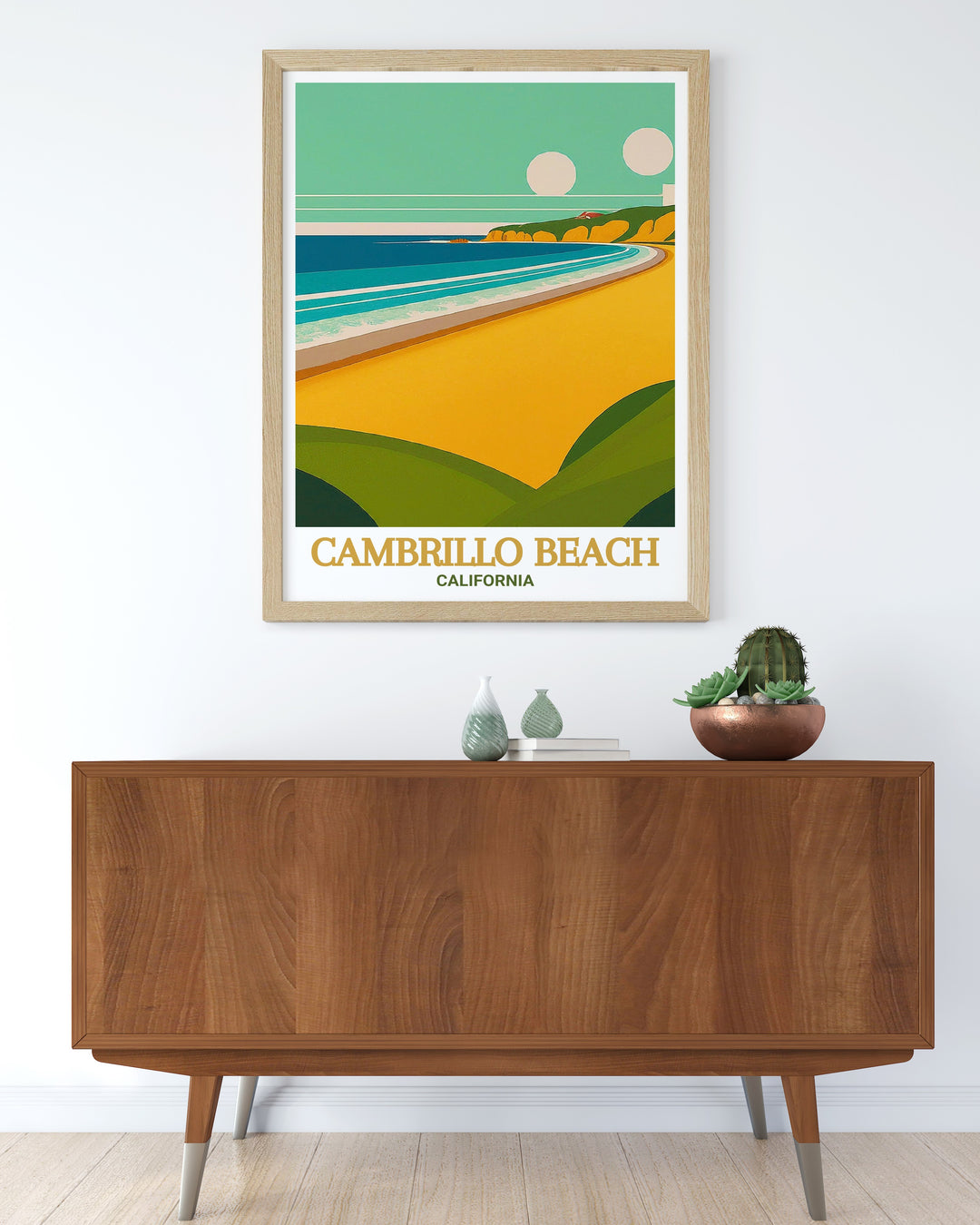 Adorn your walls with Cambrillo Beach artwork. This California travel print captures the tranquil essence of Cambrillo Beach offering a stylish and elegant decor option that complements any home setting and serves as a perfect California inspired gift.